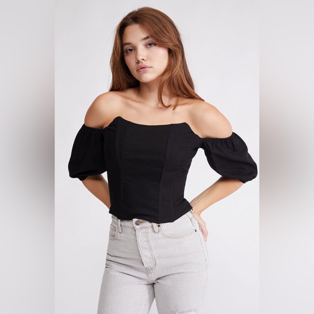 LA Hearts Short Sleeve Longline Corset Top in black